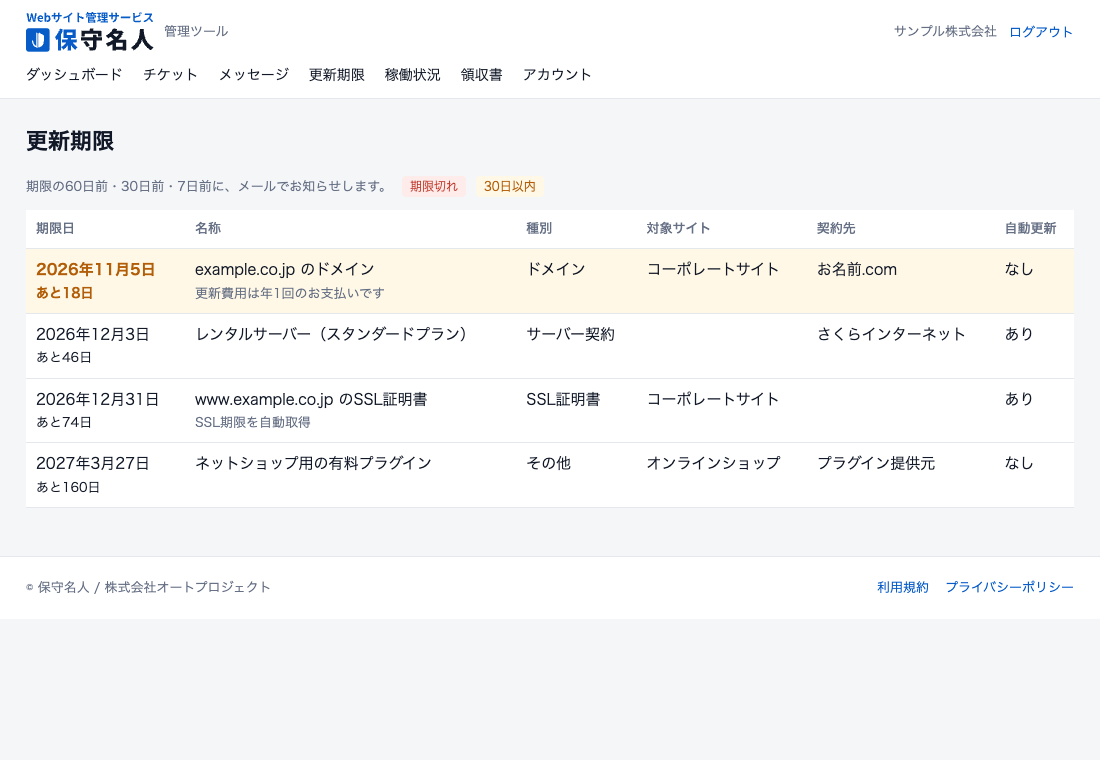 保守名人の更新期限の管理と通知の画面